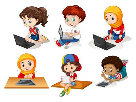 Children Using Computer And Tablet 292436 Vector Art At Vecteezy