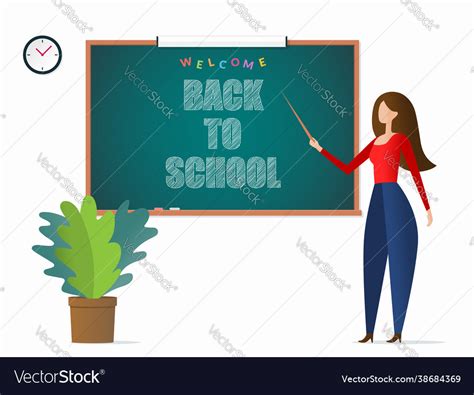 Young Female Teacher Pointing To A Blackboard Vector Image