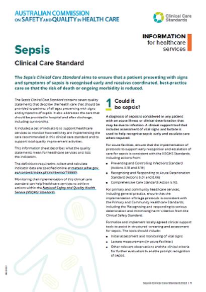 Information For Healthcare Services Sepsis Clinical Care Standard