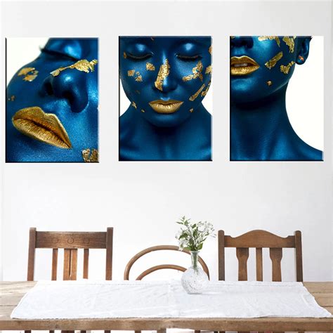 Wall Art Canvas Painting Blue Gold Artistic Body Painting Sexy Women