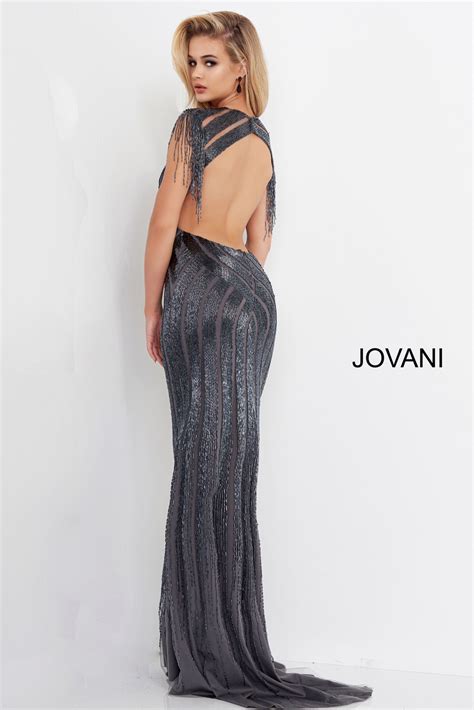 Jovani Nude Silver Beaded Fringe Fitted Gown