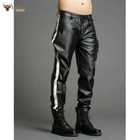 Mens Real Leather Pants Biker Bluf Side Stripes Breeches Trousers Led