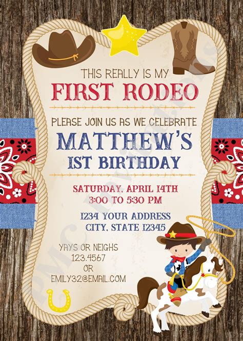 Custom Printed First Rodeo Birthday Invitation Cowboy First Etsy