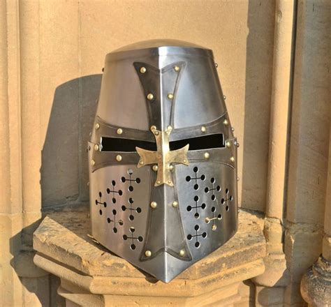 Hand Made Crusader Great Helm With Brass Partially Blackened Etsy