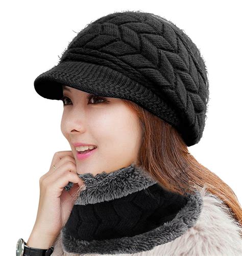 Women Winter Warm Knit Hat Wool Snow Ski Caps With Visor
