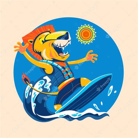 Lion Surfing At Beach For Enjoy The Summer Time Surf Time Premium Vector