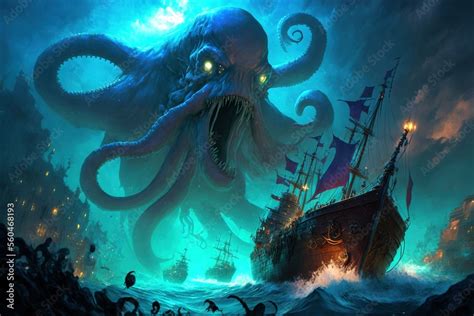 A Scary Blue Giant Octopus Kraken Monster Attacking A Pirate Ship In
