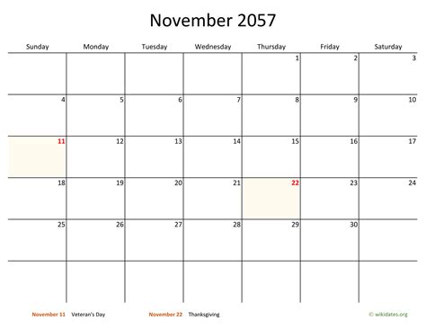 November 2057 Calendar With Bigger Boxes