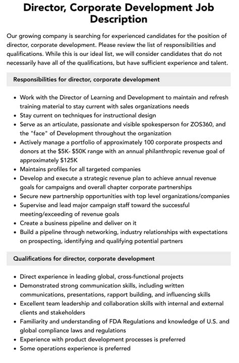 Director Corporate Development Job Description Velvet Jobs