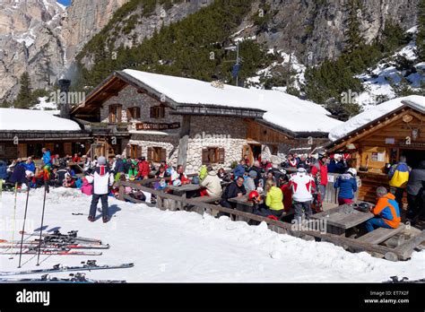 Rifugio Scotoni Hut In Winter With Skiers Alpe Lagazuoi San Cassiano