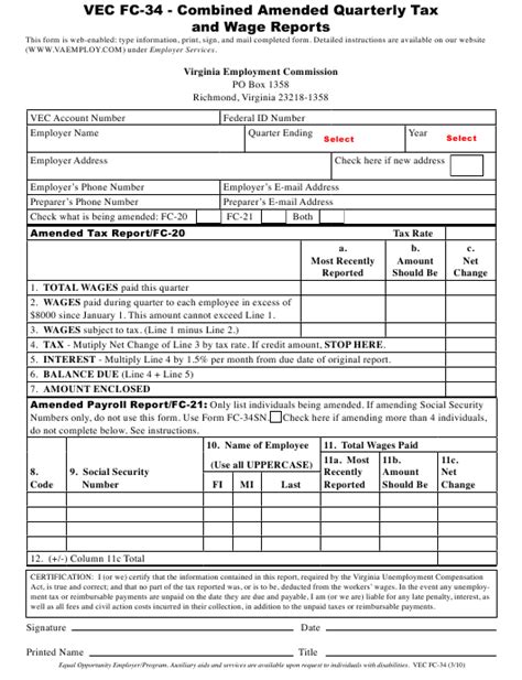 As a general rule, massachusetts does not adopt any federal personal if you are single but do not qualify for no tax status, and your total in line 7 is $14,000 or less, complete form 1, line 28 and see form 1, line. Form VEC FC-34 Download Fillable PDF or Fill Online ...