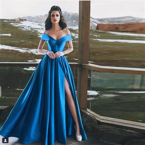 Sexy Royal Blue Long Evening Gowns High Side Split V Neck Off Shoulder Formal Party Dress Plus