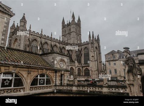 View Of Bath Abbey From Roman Baths In The City Of Bath Somerset