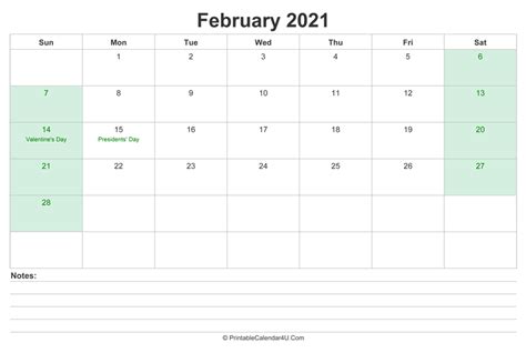 February 2021 Calendar With Us Holidays And Notes Landscape Layout