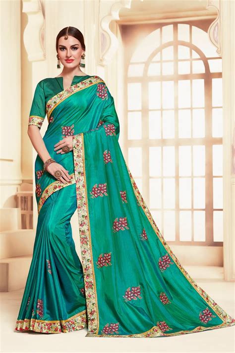 Indian Women Green Poly Silk Embroidered Work Designer Saree Indian