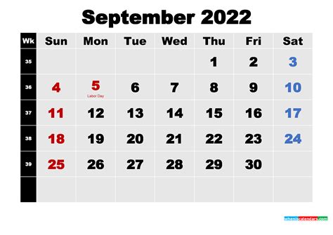 September 2022 Calendar With Holidays Png