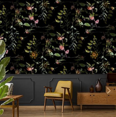 Watercolor Botanical Wallpaper Self Adhesive Wallpaper Dark Etsy