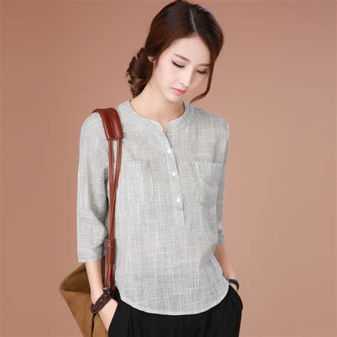 New Women Summer Casual Lattice Gray Cotton Linen Shirts Natural Tops