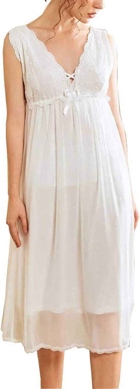 Alcea Rosea Womens Sleeveless Victorian Cotton Nightdress V Neck