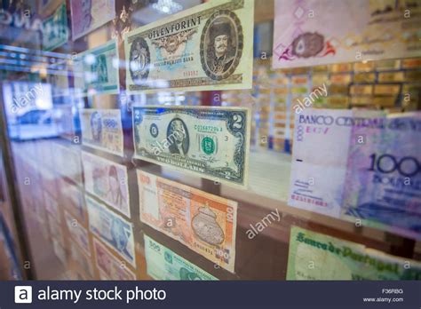 Old Paper Bills In The Window Of Currency Exchange Box In Prague Czech