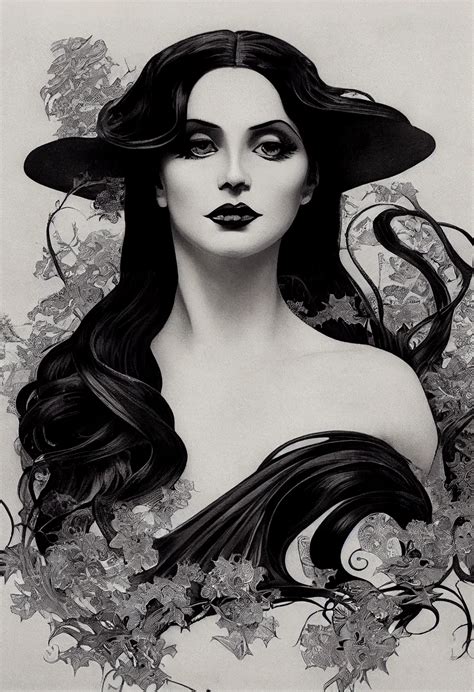 Highly Detailed Black And White Art Nouveau Poster Of Photorealistic Face And Body Of Lana Del