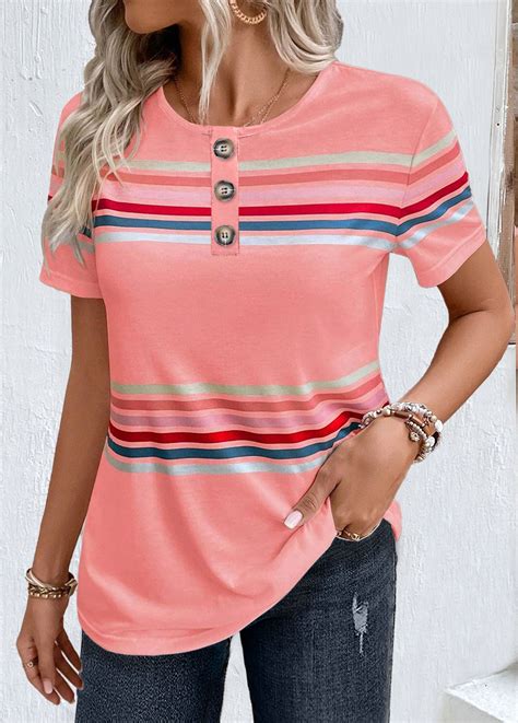 Pink Striped Short Sleeve Round Neck T Shirt Usd 2998