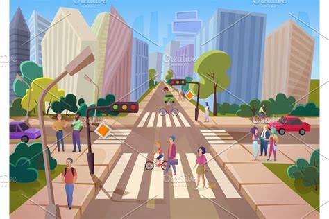 Cartoon City Street With People Pre Designed Vector Graphics