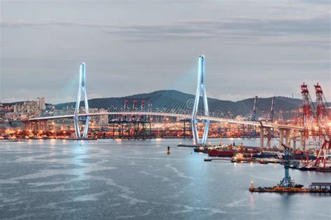Scenic View Of Busan Harbor Bridge And The Port Of Busan Stock Photo