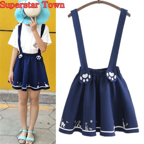 Women Skirt With Suspenders Kawaii Lolita Cat Suspender Skirt Summer