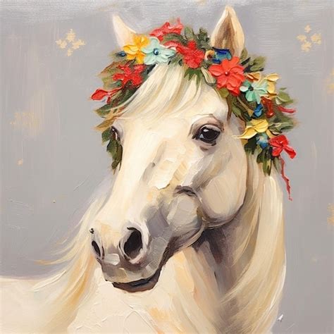 Premium Photo Painting Of A White Horse With A Flower Crown On Its