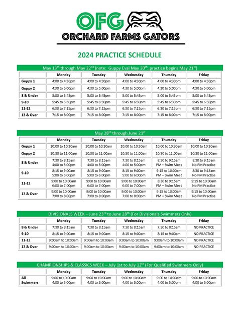 Practice Schedule Orchard Farms Swim Team