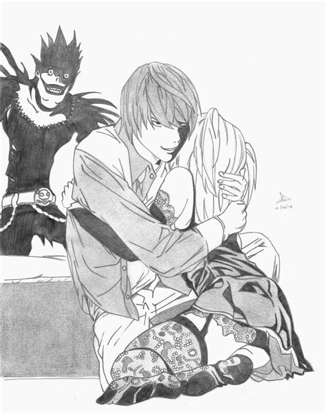 Light Yagami Giving Misa Misa A Hug With Ryuk In The Background Watching Manga