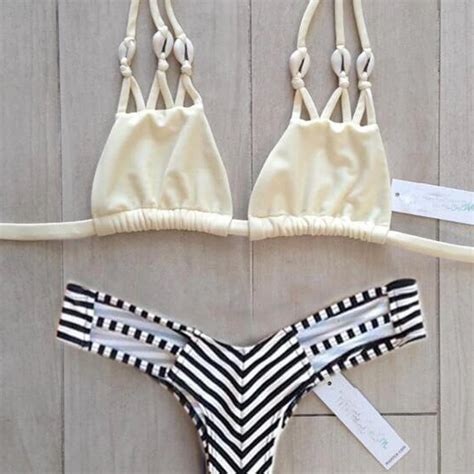 Womens Sexy Triangle Striped Bandage Brazilian String Thong Bathing