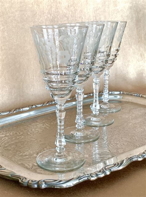 1940s rock sharpe etched floral wine glasses with tall wheel cut stems etched wine glasses