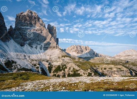 The Tre Cime Di Lavaredo And Stony Plateau In The Sexten Dolomites Of