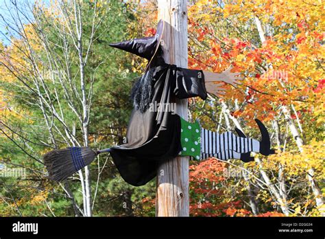 A Funny Halloween Decoration Of A Witch Flying On A Broom And Flying