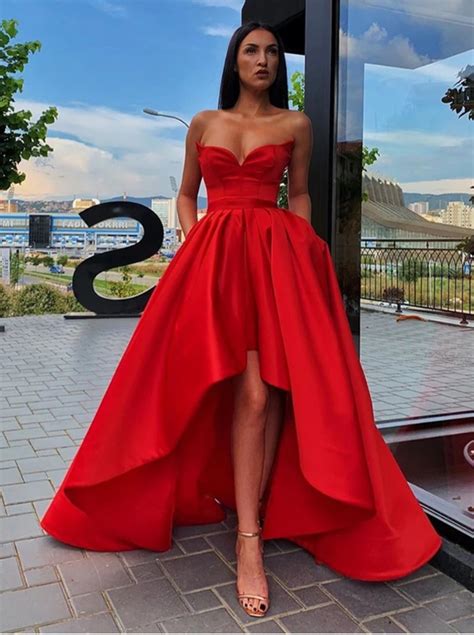 Strapless Sweetheart Neck High Low Red Long Prom Dresses High Low Red