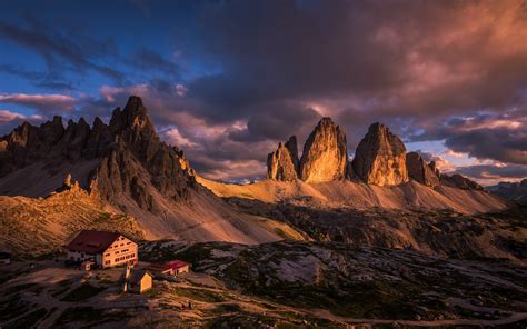 Italien Dolomiten Berge Häuser Wolken Dämmerung 1920x1200 Hd