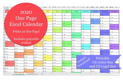 2020 One Page Excel Calendar Printable 2020 Yearly Calendar Etsy