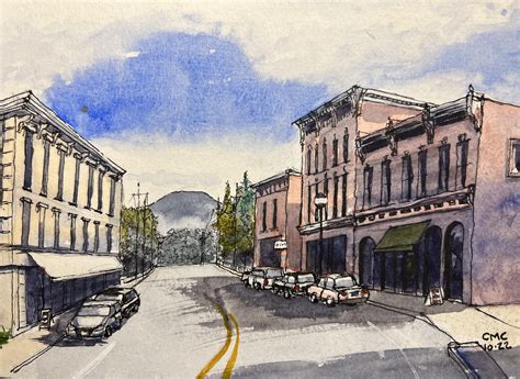 Waterbury, VT. Downtown and the train station. Watercolor and ink on