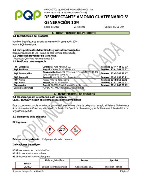 Hoja De Seguridad Producto Químico Amonio Cuaternarios 5 Generación