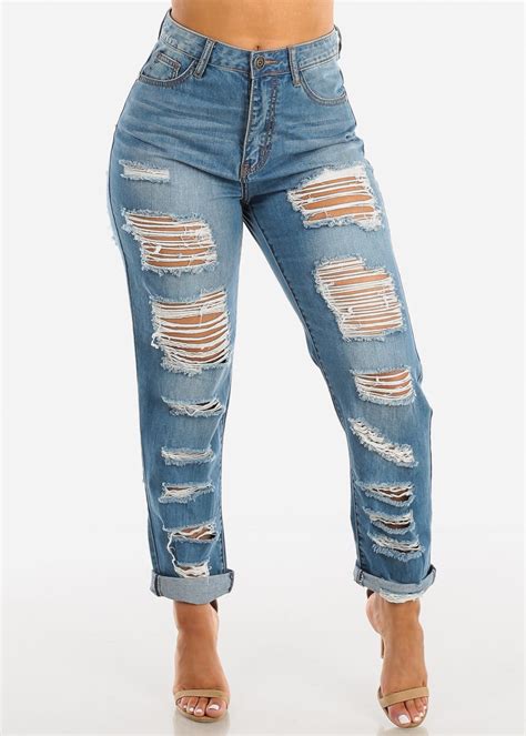 Modaxpressonline Womens High Waisted Boyfriend Jeans Ripped Roll Up