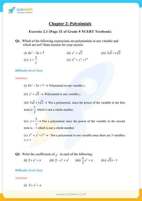 Ncert Solutions Class 9 Maths Chapter 2 Polynomials Free Pdf