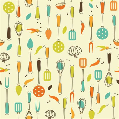 Colorful Kitchen Utensils And Mixers On A Beige Background Seamless