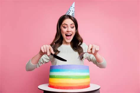 Photo Of Funny Excited Lady Arm Hold Knife Fork Cut Colorful Cake Open