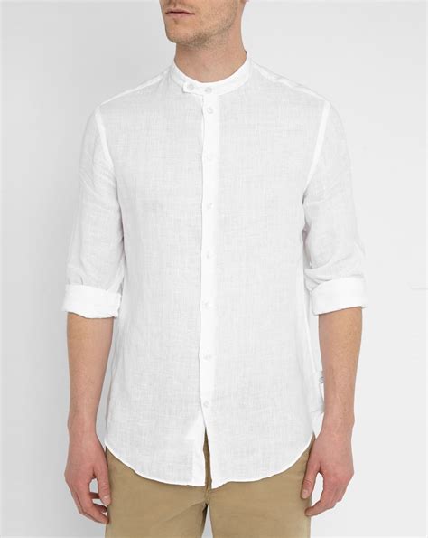 White Mandarin Collar Linen Shirt Armani Collezioni Mannen Casual