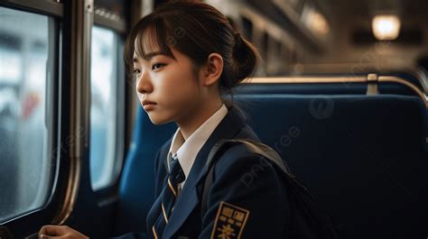 Young Asian Schoolgirl Idling On The Train Background A Pose Of A High