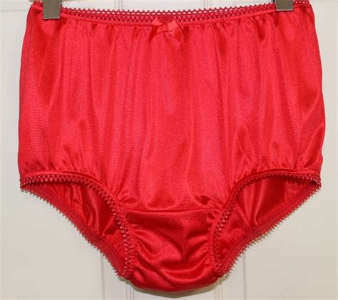 red nylon tricot panties with very large mushroom double nylon gusset adult sissy retro vintage