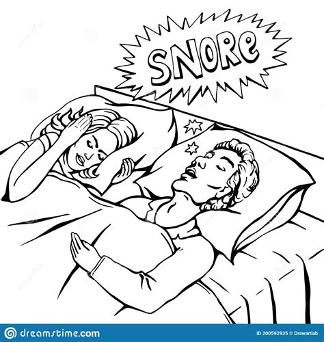 snoring man in bed with the woman covering ears with the pillow from snore noise line art retro