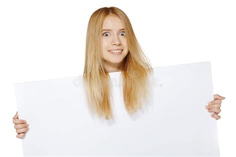 Excited Woman Holding Blank Placard Stock Image Image Of Holding